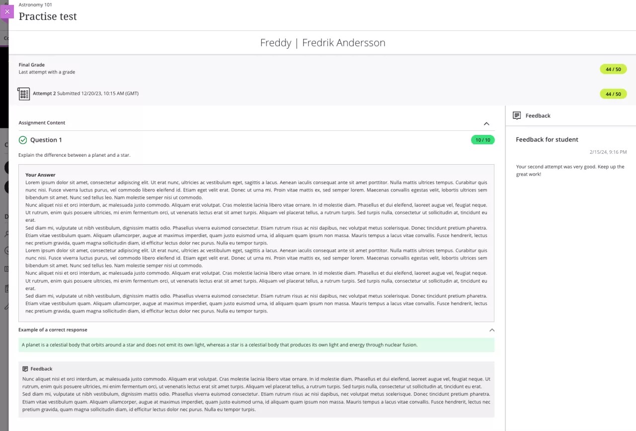 Vue de l'étudiant sur la rétroaction ajoutée à une question de type Dissertation