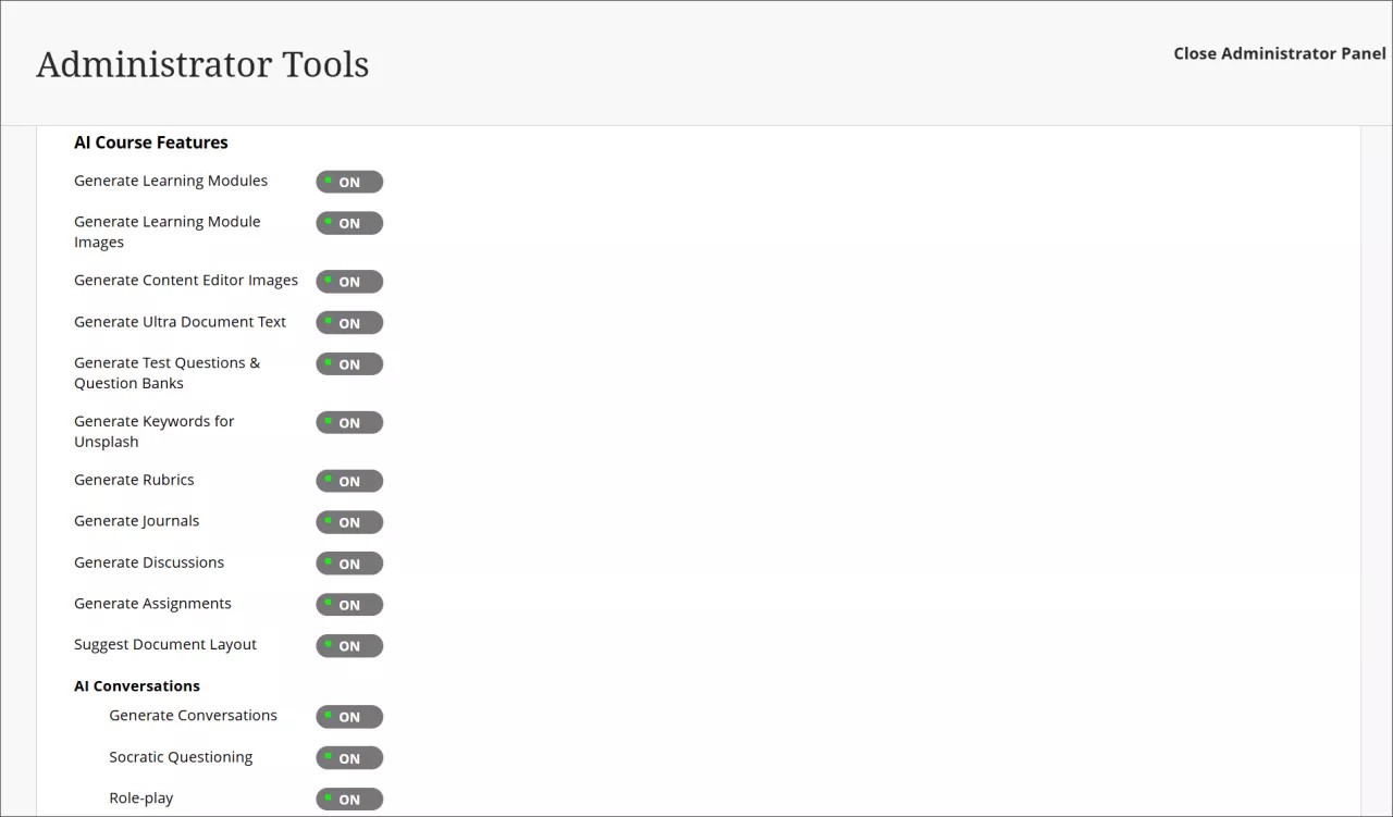 Paramètres du panneau de configuration de l'administrateur pour AI Design Assistant et Unsplash. La conversation sur l'IA est divisée en une question socratique et un jeu de rôle.