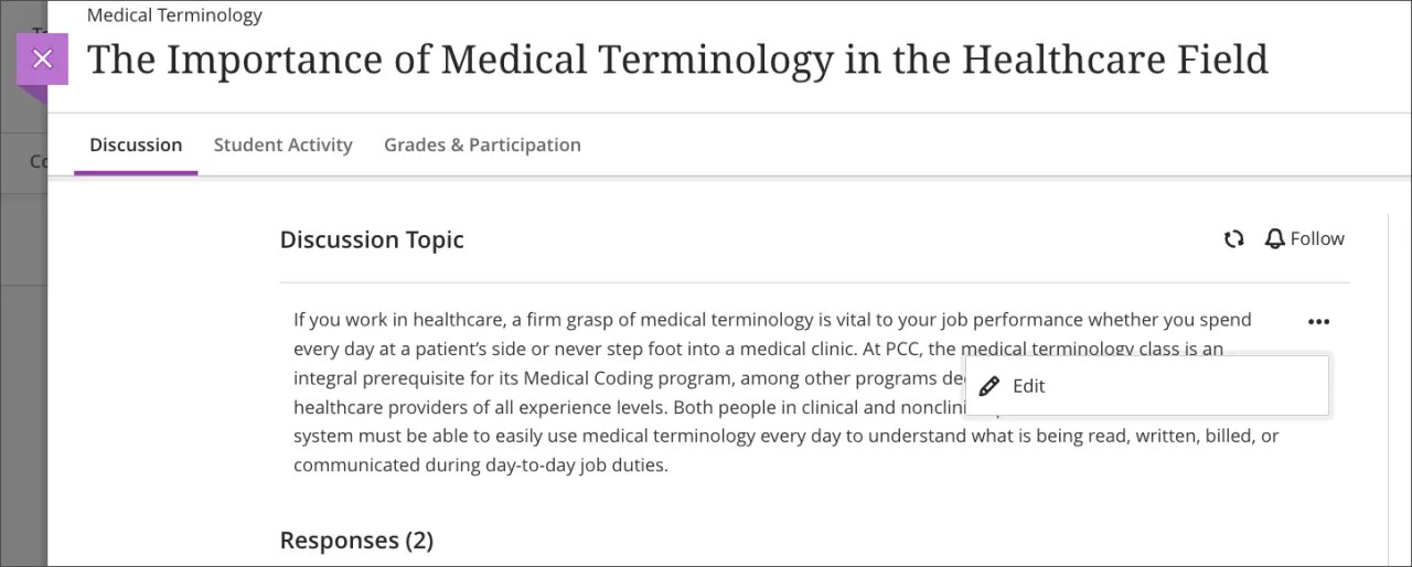 Sujet de discussion avec menu déroulant développé, indiquant qu'aucune option de suppression n'est disponible