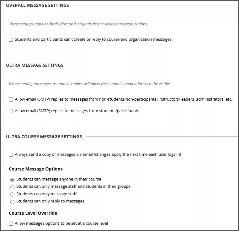 Page des paramètres pour les messages