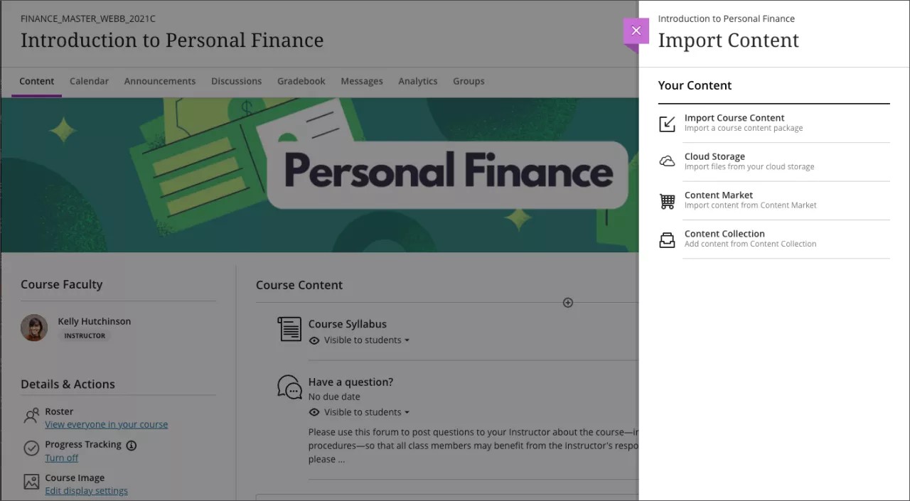 Le panneau Importer du contenu s'ouvre sur un cours et affiche les options d'importation