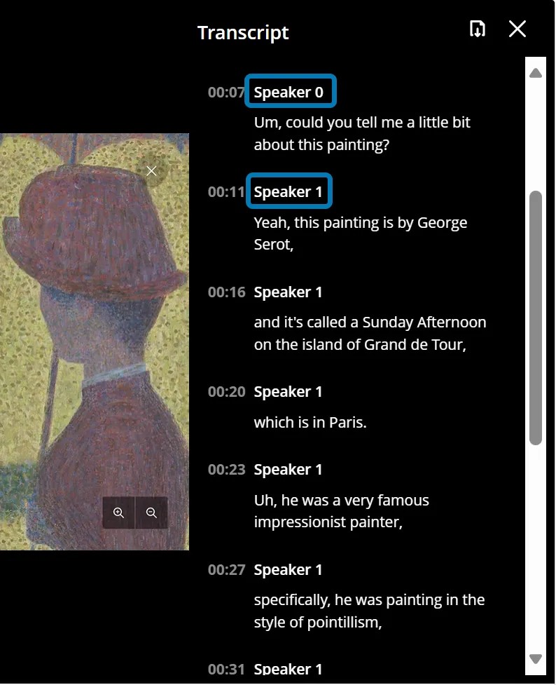 L'enregistrement en studio vidéo est en cours de montage avec l'éditeur de transcription ouvert et l'utilisateur change les noms des étiquettes des haut-parleurs de « Speaker 0 » et « Speaker 1 » à « Dan » et « Paula », respectivement.