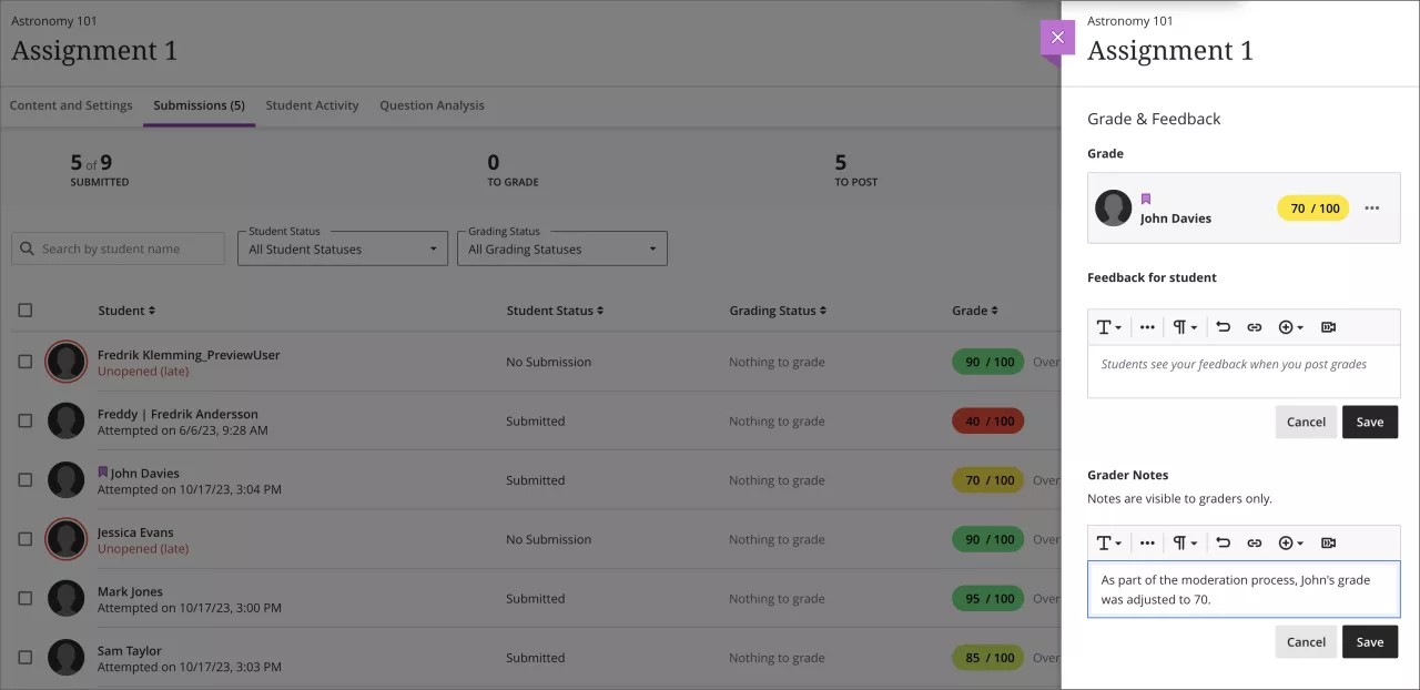 Vue par le professeur de la nouvelle option de notes de notation