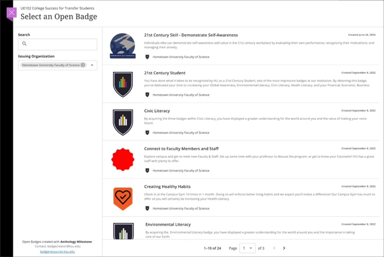 Page de sélection de badges Milestone dans un cours de professeur. Une liste de badges s'affiche.
