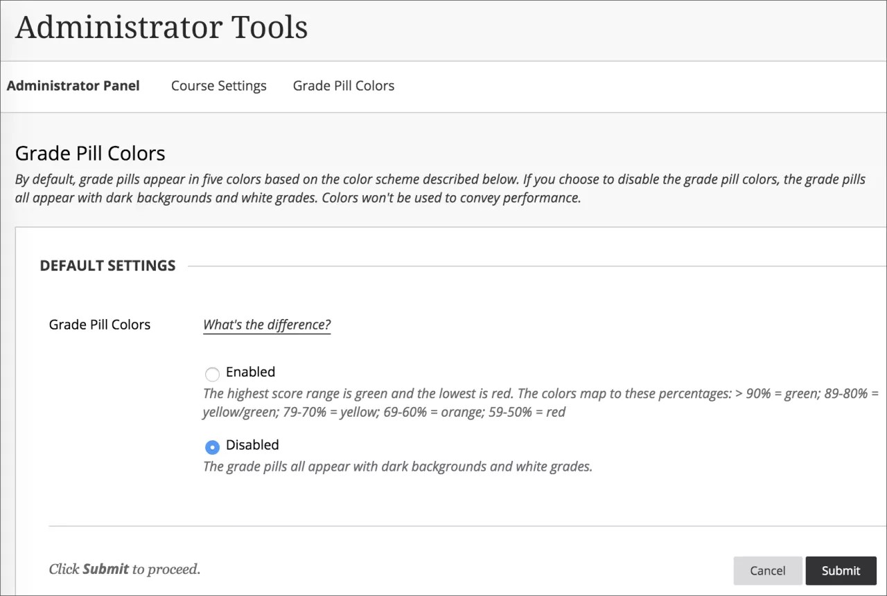 Notez la page des couleurs des pilules dans le Panneau de configuration de l'administrateur.