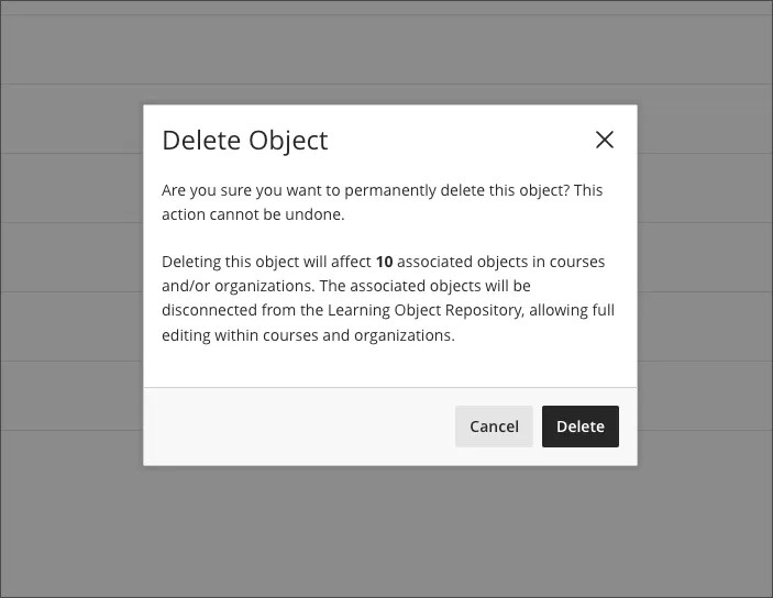Le message contextuel Supprimer qui s'affiche lorsqu'un utilisateur sélectionne un élément à supprimer
