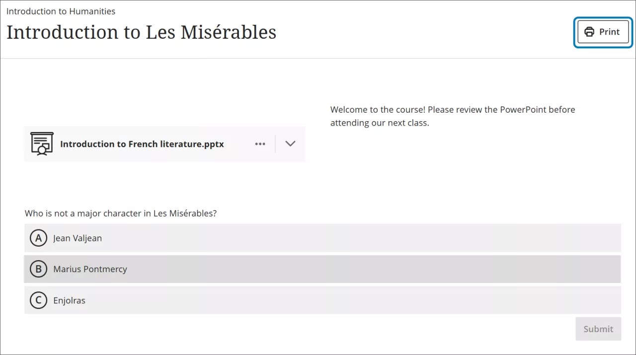 Un document dont le bouton Imprimer est surligné dans le coin supérieur droit