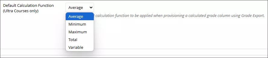 Le menu Fonction de calcul par défaut de la section Paramètres entrants de la page Paramètres d'exportation des notes