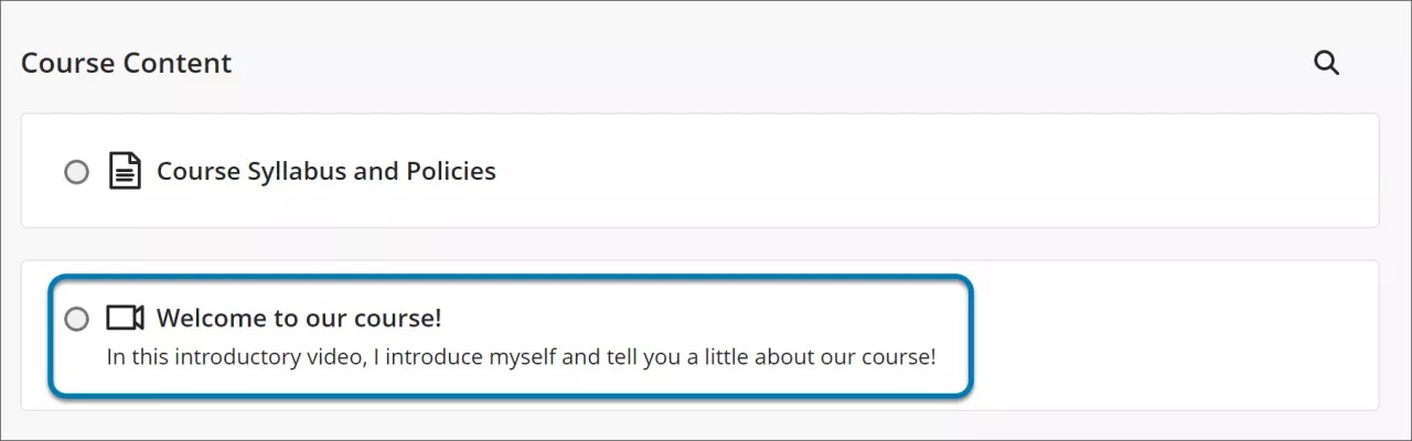 Vue de la page de contenu du cours par les étudiants. Un nouvel enregistrement créé avec Video Studio s'affiche sur la page et est surligné par un encadré bleu.
