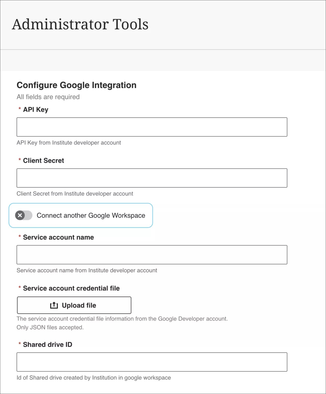 Écran Outils d'administration pour configurer l'intégration de Google