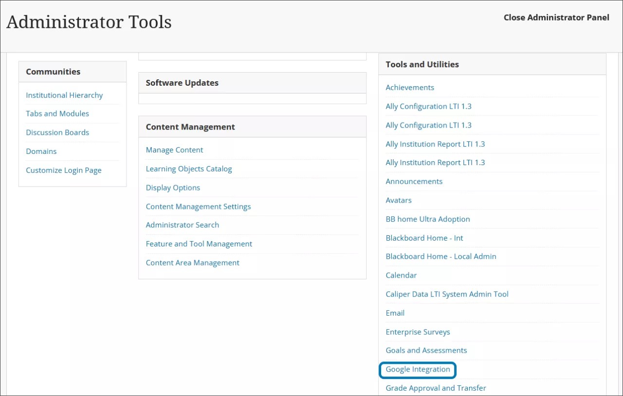 Het beheerderspaneel in Blackboard, met de link voor Google-integraties rechtsonder gemarkeerd.