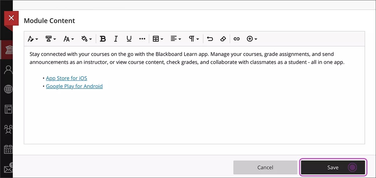 De editor "Module-inhoud" wordt weergegeven met een tekst erop en de knop "Opslaan" is geselecteerd en gemarkeerd.
