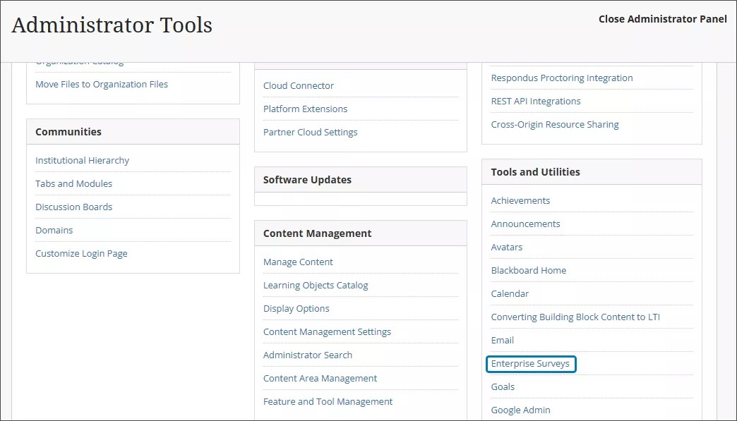 Het configuratiescherm voor beheerders, met Enterprise Surveys gemarkeerd onder Tools en hulpprogramma's