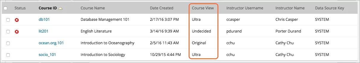Het menu van de gangen, met verschillende gangen. De kolom Course View is oranje gemarkeerd, met twee parcoursen in Ultra View, één in Origineel en één Onbeslist.