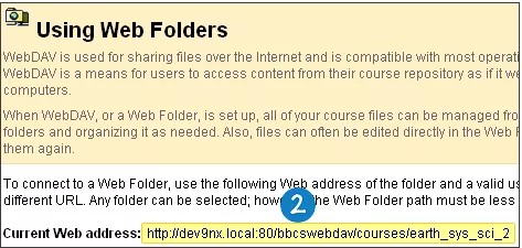 De pagina 'Webmappen' gebruiken, met het huidige webadres dat gekopieerd moet worden, gemarkeerd en gelabeld met het nummer 2.