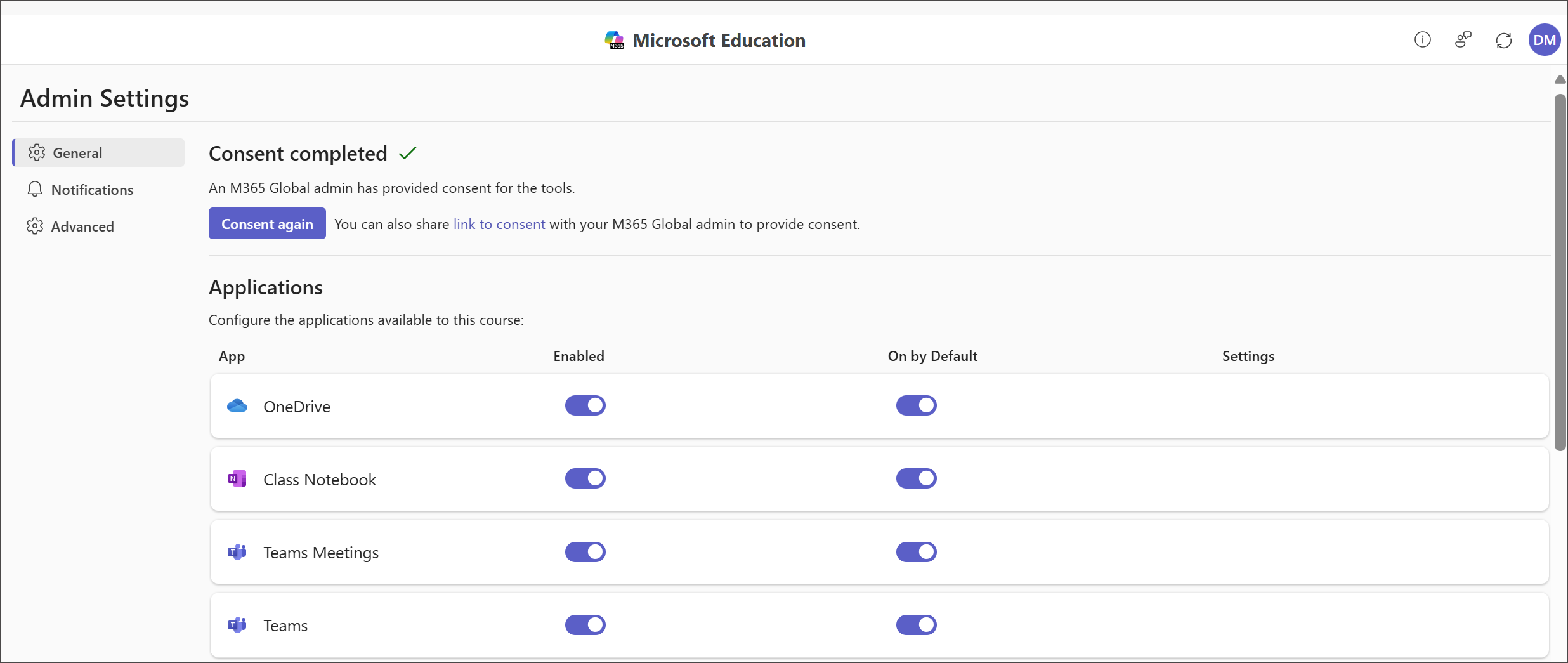 Página de Configurações de Administrador para o Microsoft Education, onde os administradores podem ativar ou desativar as ferramentas do Microsoft Education. As ferramentas são listadas com um botão de ligar e desligar ao lado de cada uma.