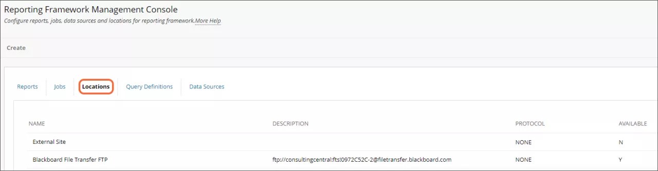A aba Localizações do Console de Gerenciamento da Estrutura de Relatórios, mostrando o botão Criar e as colunas Nome, Descrição, Protocolo e Disponível