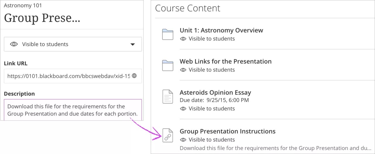 À esquerda, uma janela mostrando a criação do link na página Conteúdo do curso. Ele é relacionado como visível para os Alunos, tem o URL inserido e uma descrição inserida. Há uma seta que leva dessa janela para a janela à direita, que mostra o link na parte inferior da página Conteúdo do curso.