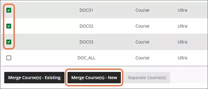 Lista de cursos selecionados. Existem botões de Fusão de Curso(s) - Existente, Mesclar(es) Curso(s) - Novo(s) e Cursos Separados na parte inferior. Cursos de Fusão - O novo está destacado em laranja.