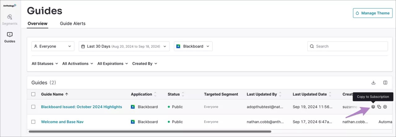 Guia de cópia do centro para sua subscrição na interface do Anthology Adopt. Uma seta aponta para copiar para o ícone de subscrição.