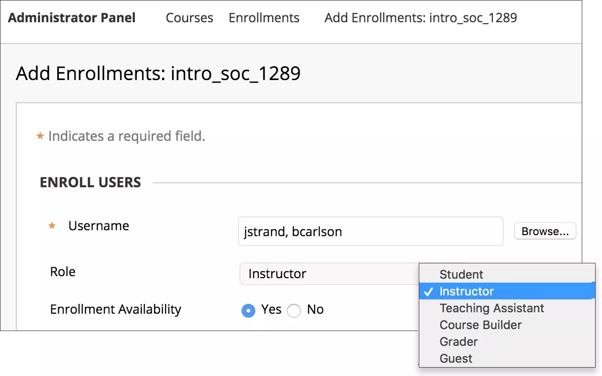 Adicionar Matrículas: janela intro_soc_1289. Na seção Matricular usuários, os nomes de usuário jstrand e bcarlson foram adicionados. O menu suspenso da função se expande, mostrando Aluno, Instrutor, Assistente de Ensino, Desenvolvedor do Curso, Avaliador e Convidado. O instrutor é escolhido. A Disponibilidade de Matrícula tem botões de opção para Sim e Não, com Sim selecionado.