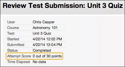 A student's test submission. A score without feedback can be used to discourage cheating.