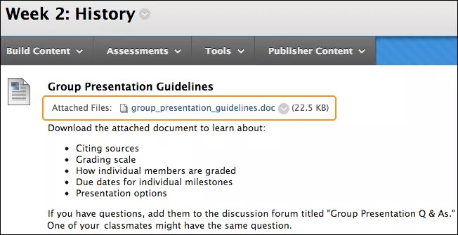 Attached files appear on the assignment page
