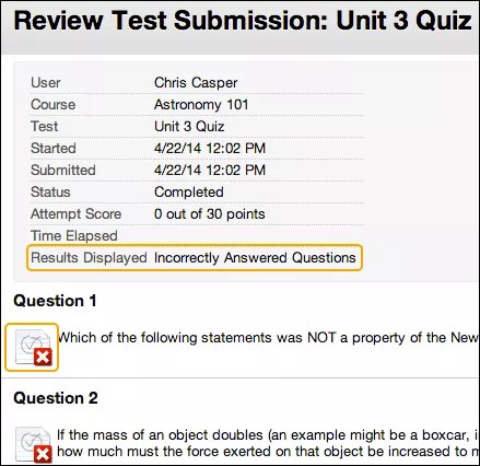 Student test submission that shows questions answered incorrectly or partially incorrectly.