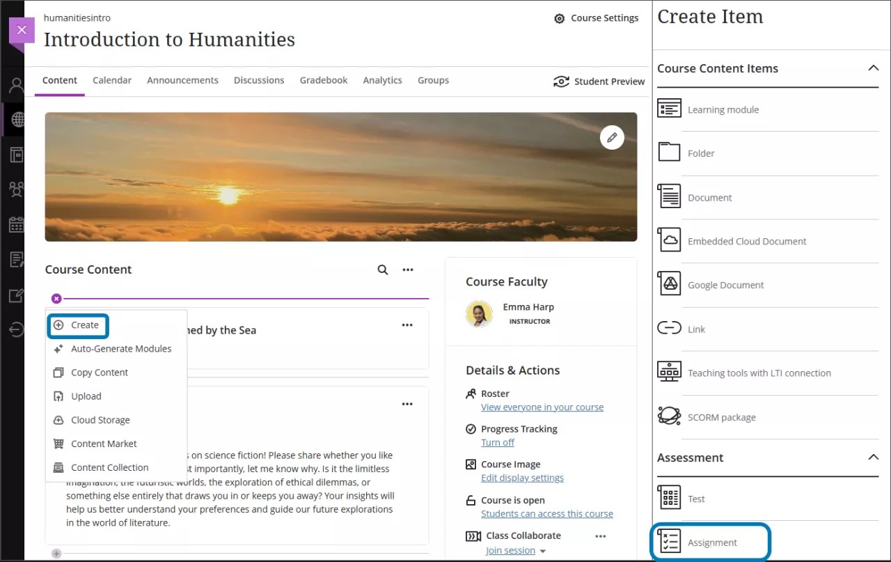 Course content page, with the dropdown Create Item menu open and the Assignment option highlighted on the right
