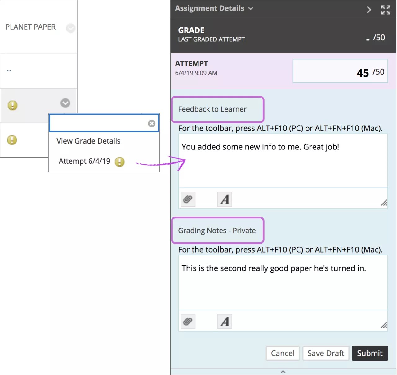 On the left, a window shows the Needs Grading icon with an arrow leading to the window on the right, which shows the Assignment Details window with the Grade section visible. The attempt grade, Feedback to Learner, and Grading Notes - Private are all displayed.