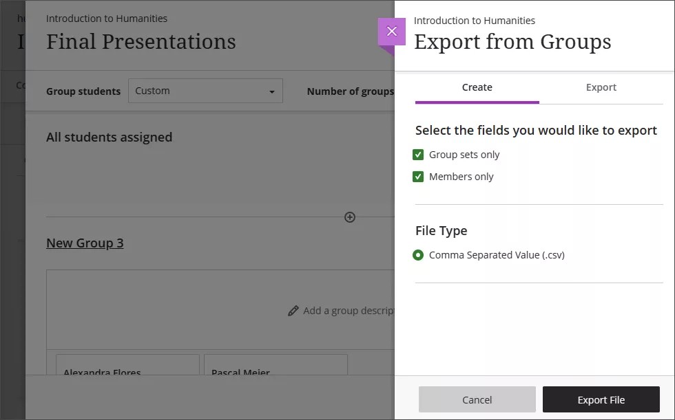 Group sets page with Export Groups panel