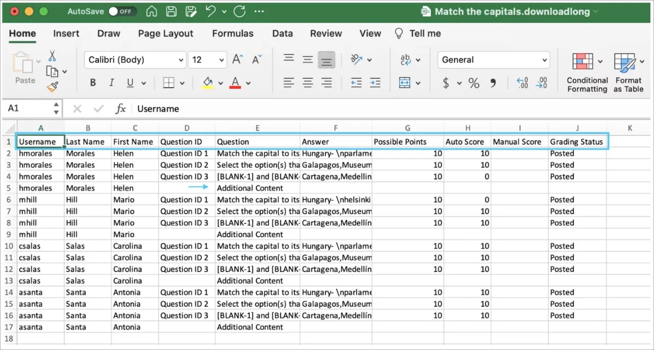 Sample for the result format “Download by student and question”.