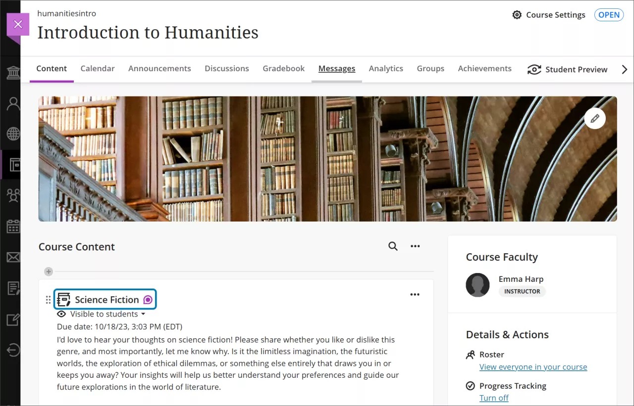 Purple conversation notification next to a course content item on the Course Content page