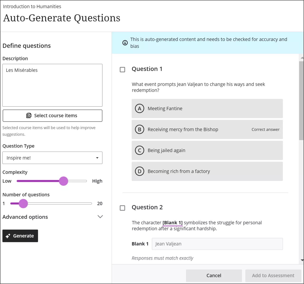 The Auto-Generate Questions panel, with test questions to the right and customization options on the left