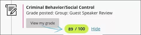 The activity stream of the Student's view is open with the "View my grade" button clicked and an example grade highlighted.