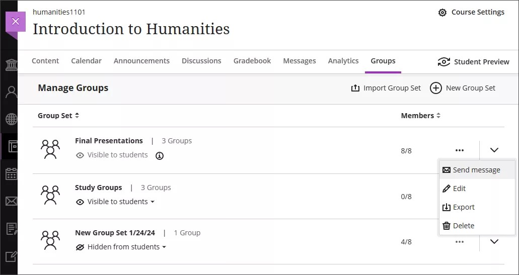 The Course Groups page with the More options menu dropdown shown.
