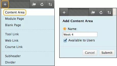 On the left, the Add Menu Item button is highlighted and the menu is expanded, with Content Area highlighted. On the right, the Add Content Area window is shown.