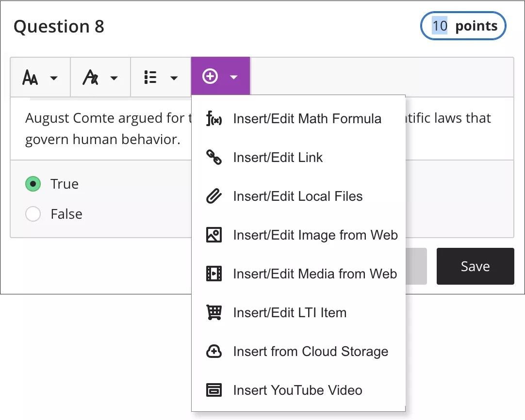 Question in edit mode with insert menu open.