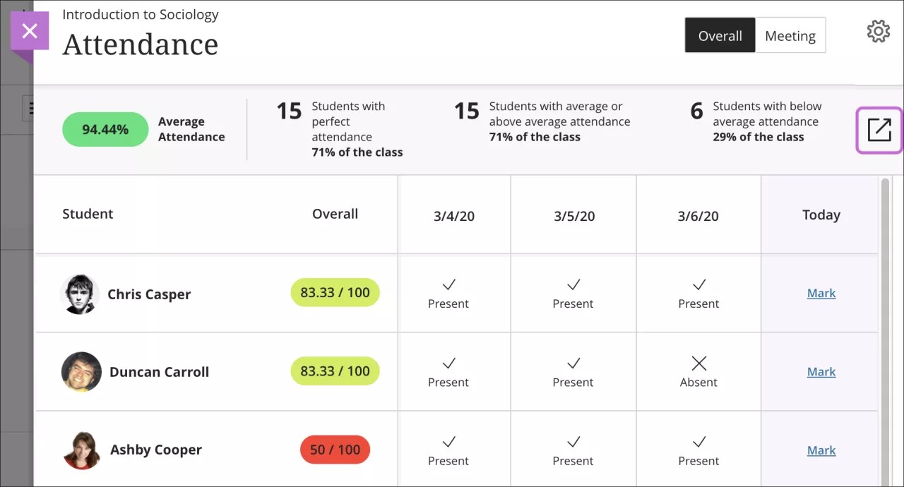Example of exporting the attendance