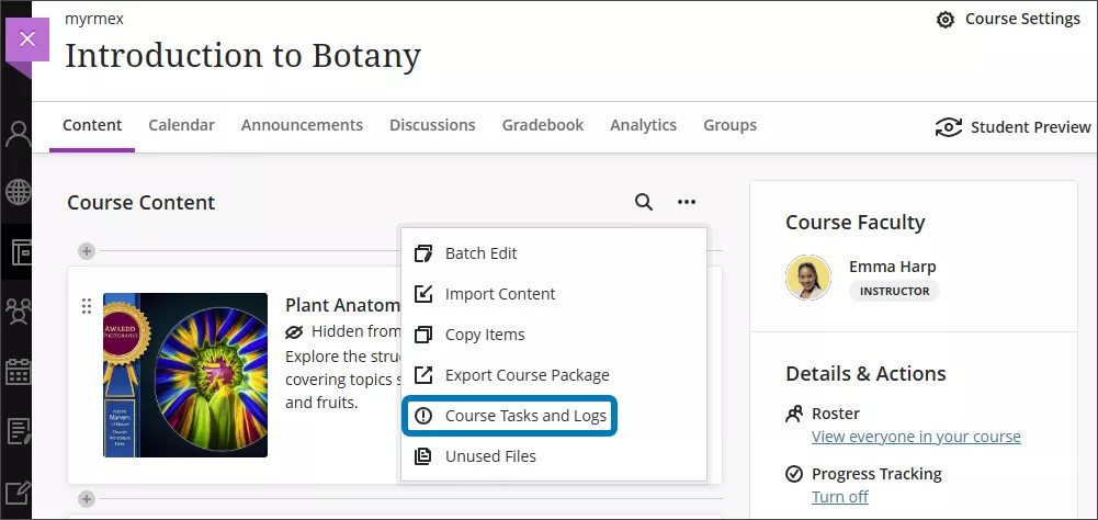 Image of the Course Content page with Course Tasks and Logs highlighted on the More options menu
