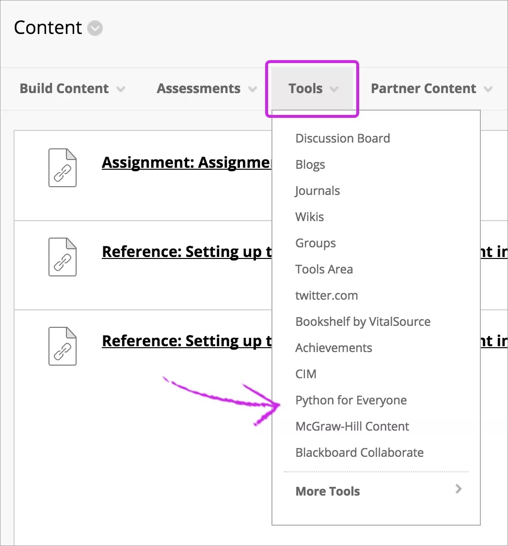 The Content screen, with the Tools menu highlighted and expanded. An arrow highlights publisher tools that have been added to the tools menu.