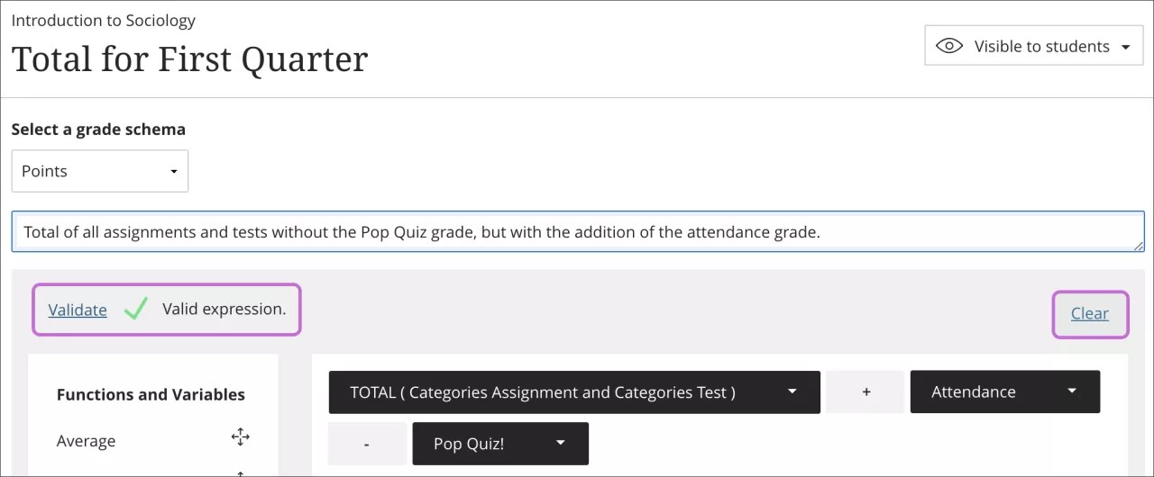 Example of gradebook calculation