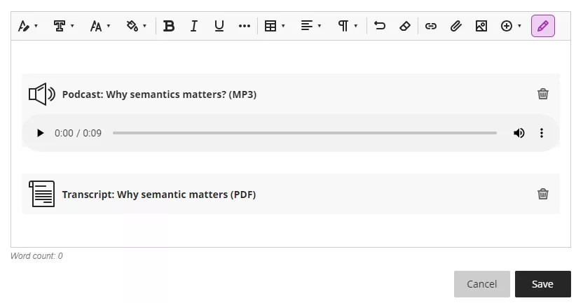 Podcast: Why semantics matters? (MP3) 0100 / o:og Transcript: Why semantic matters (PDF) Word count: O Cancel