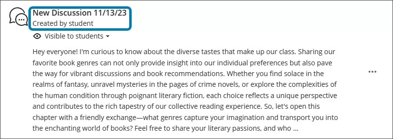 Image of a discussion post created by a student, with "Created by student" highlighted