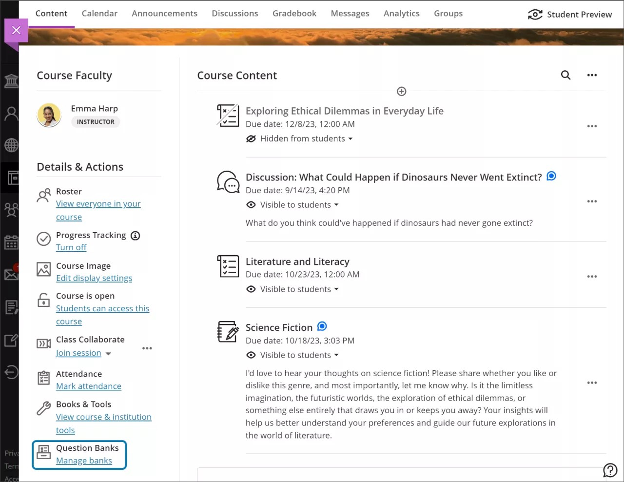 Location of Manage banks highlighted in the Details & Actions panel on the left of the Course Content page