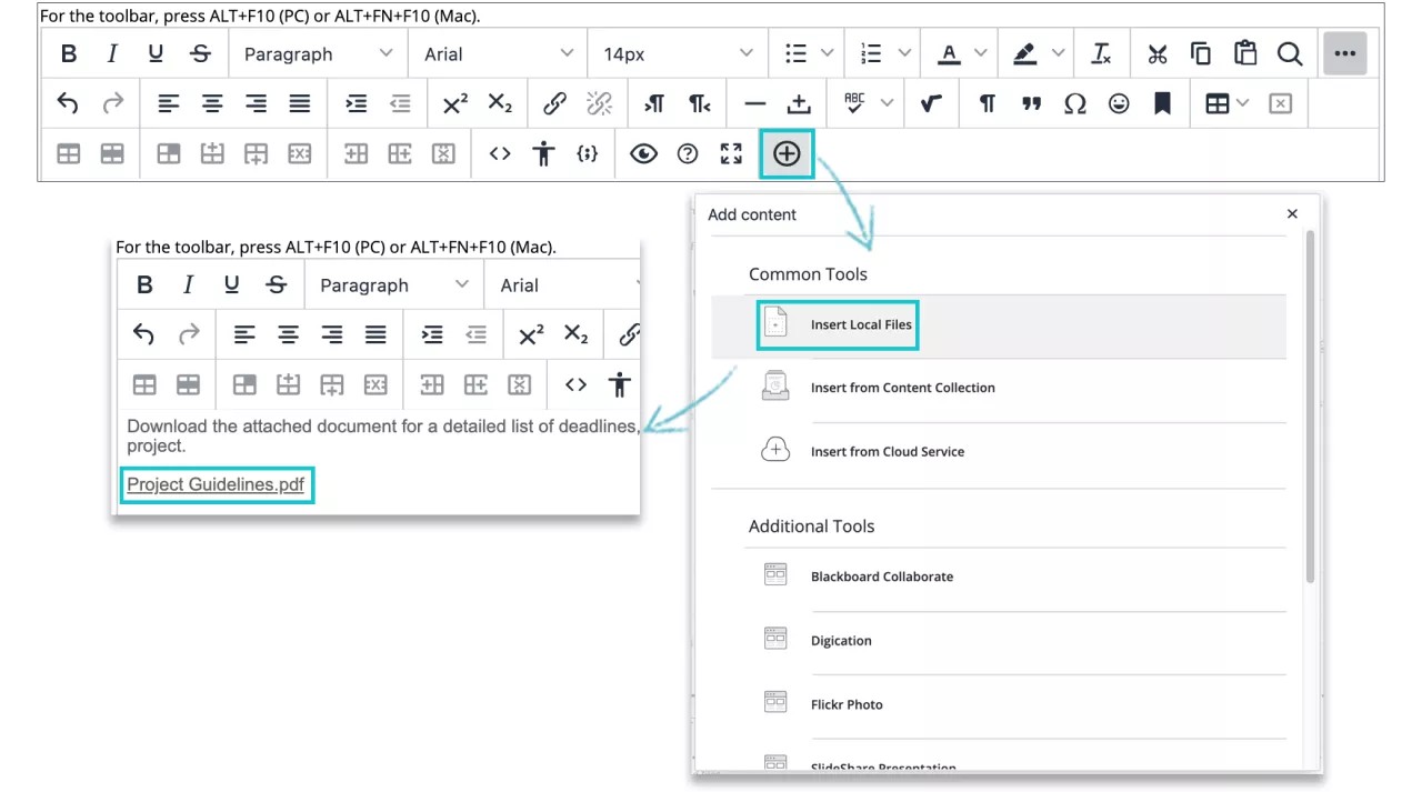 The attach icon in the editor highlighted, showing the Insert Local Files option below it, and to the left showing what the result looks like when a file has been inserted in this manner.