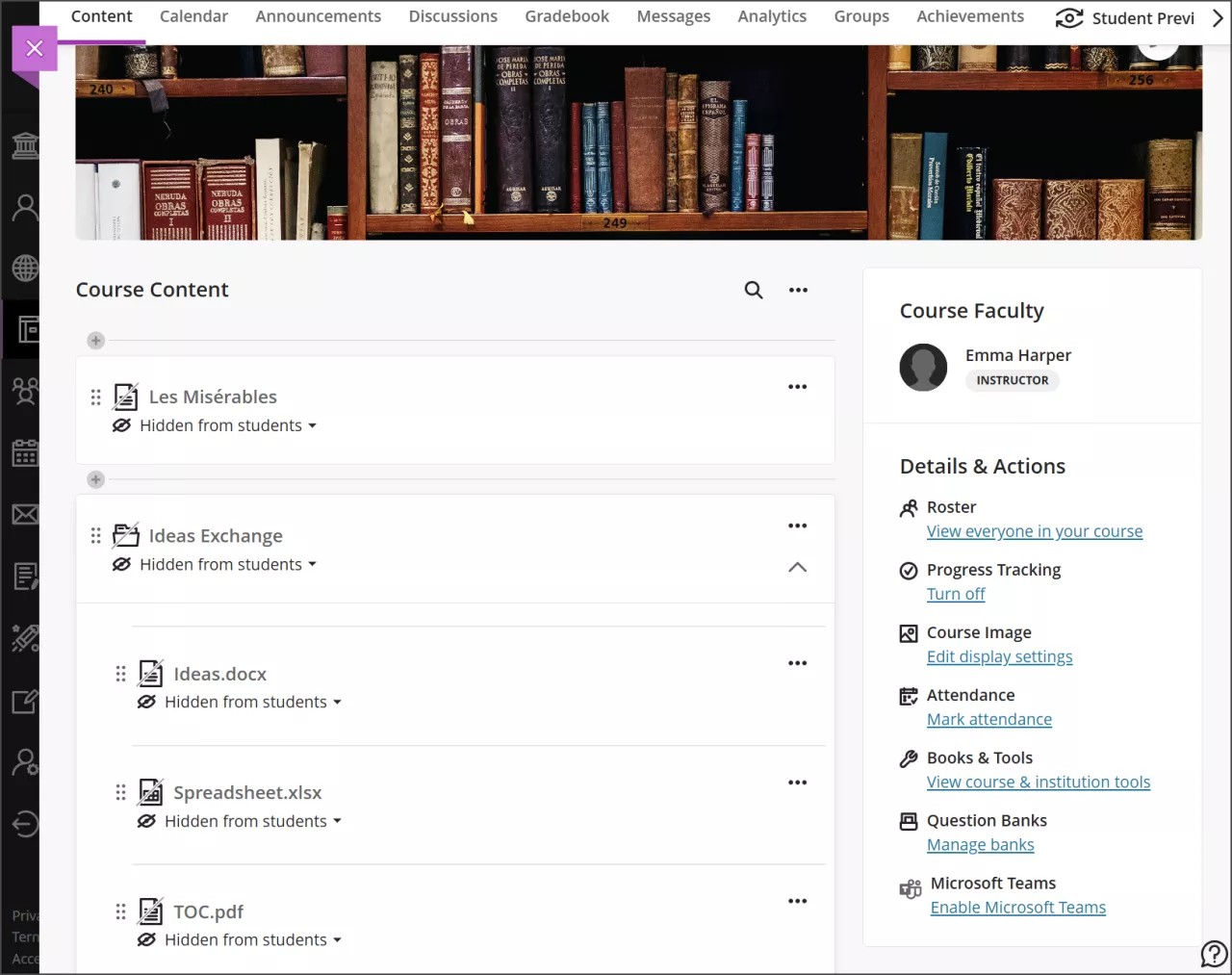 Course Content page with an expanded folder