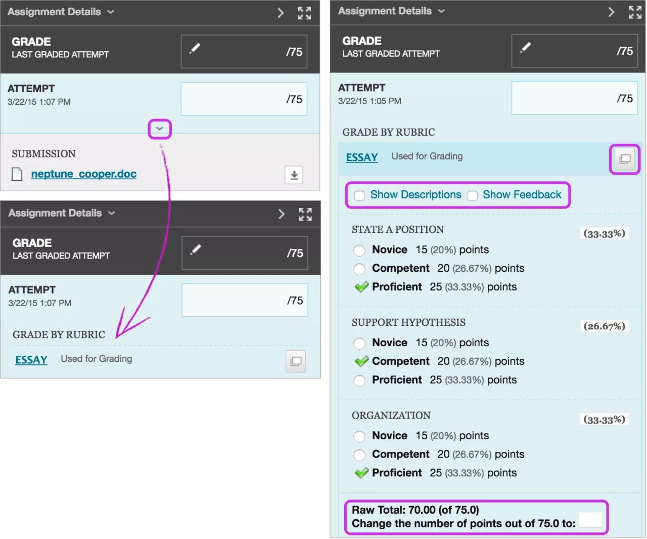 In the window on the left, the arrow where you click to expand the grading panel is highlighted and an arrow shows where to find grade by rubric. In the window on the right, the grade panel is shown with the rubric. The view rubric in new window icon is highlighted, as are the Show Descriptions and Show Feedback options. At the bottom, the Raw Total and the Change the number of points option are highlighted.