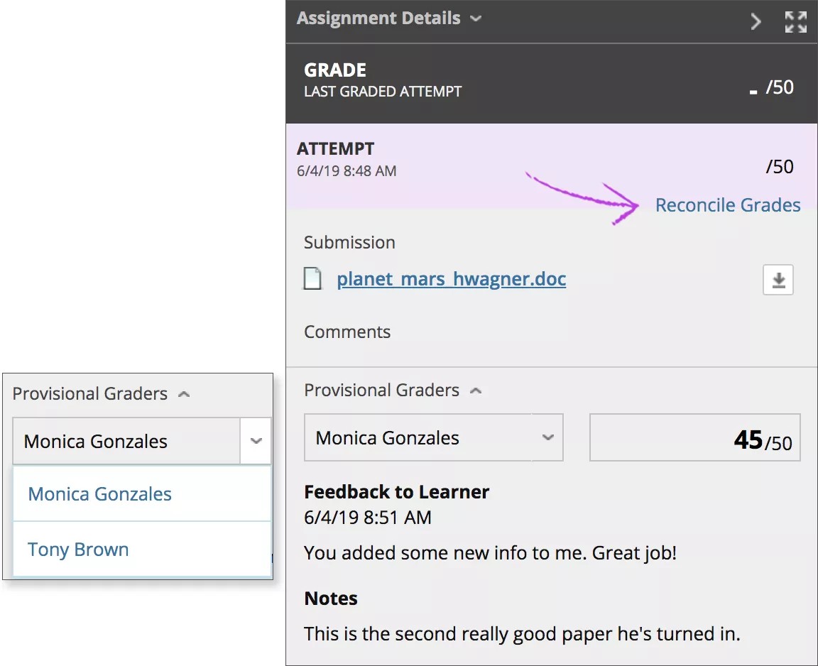 On the left, the menu that shows the provisional graders expanded. On the right, the Assignment Details window with the Grade section visible. The Reconcile Grades link is highlighted with a purple arrow.