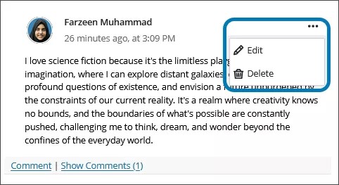 A student's Journal entry with the Edit menu showing two options in a menu dropdown: Edit and Delete. The Edit Menu and dropdown options are highlighted in blue.